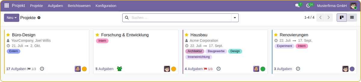 Odoo Projekte Kanban-Board auf Deutsch